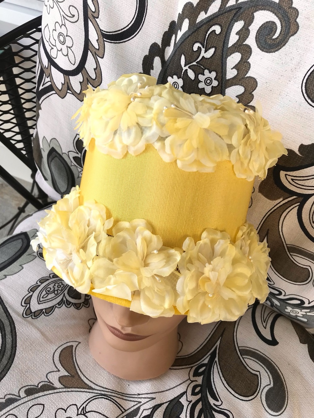 Authentic Vintage 60s Yellow Floral Bucket Cloche Hat Rare Mid-Century Millinery